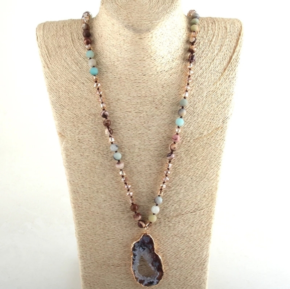 Beaded Raw Solar Quartz Crystal Pendant Necklace - Picture 2 of 12